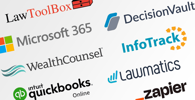 Logos of various software companies including LawToolBox, Microsoft 365, DecisionVault, InfoTrack, WealthCounsel, and others.