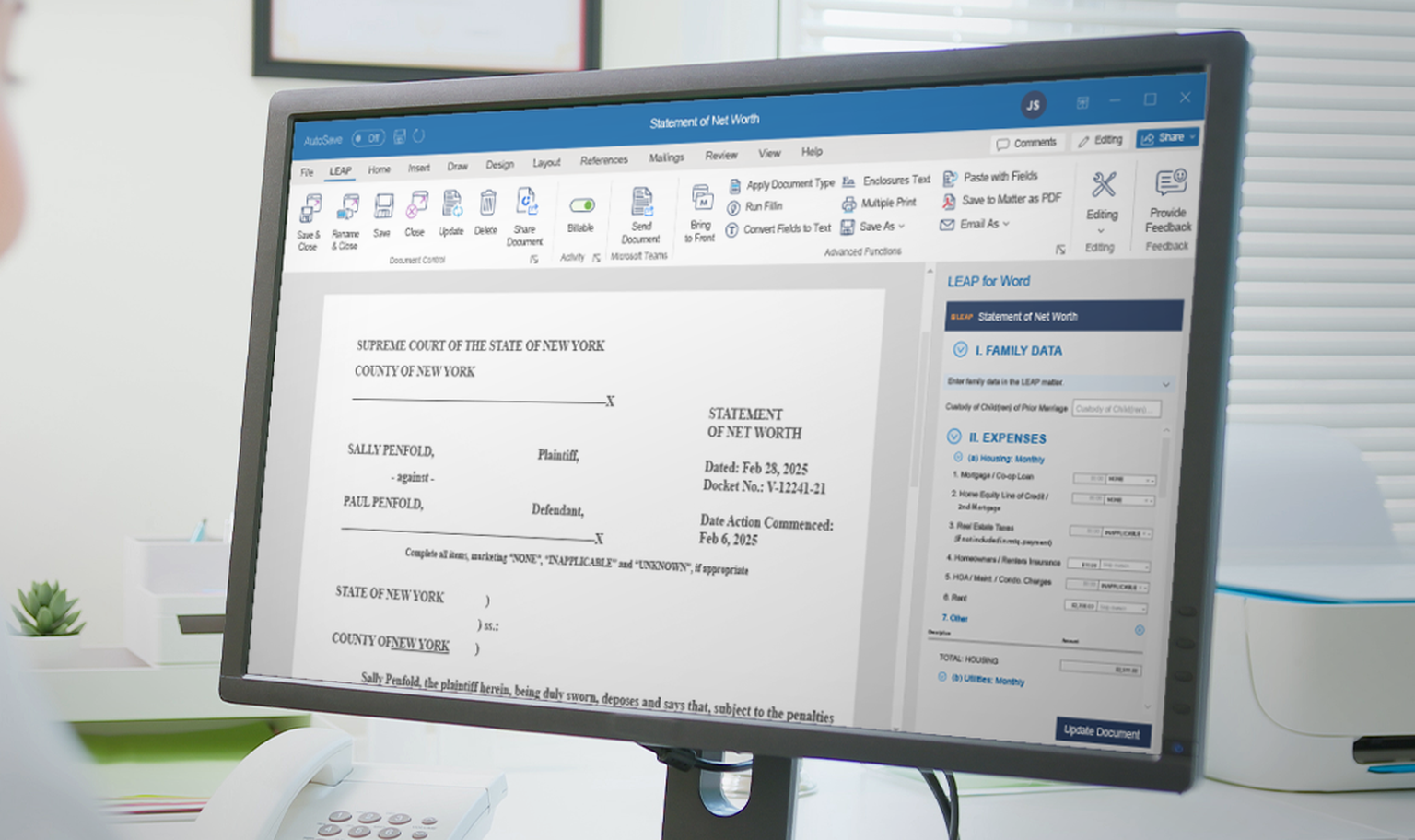 A person views a legal document titled "Statement of Net Worth" on a computer screen with editing tools visible in the toolbar.