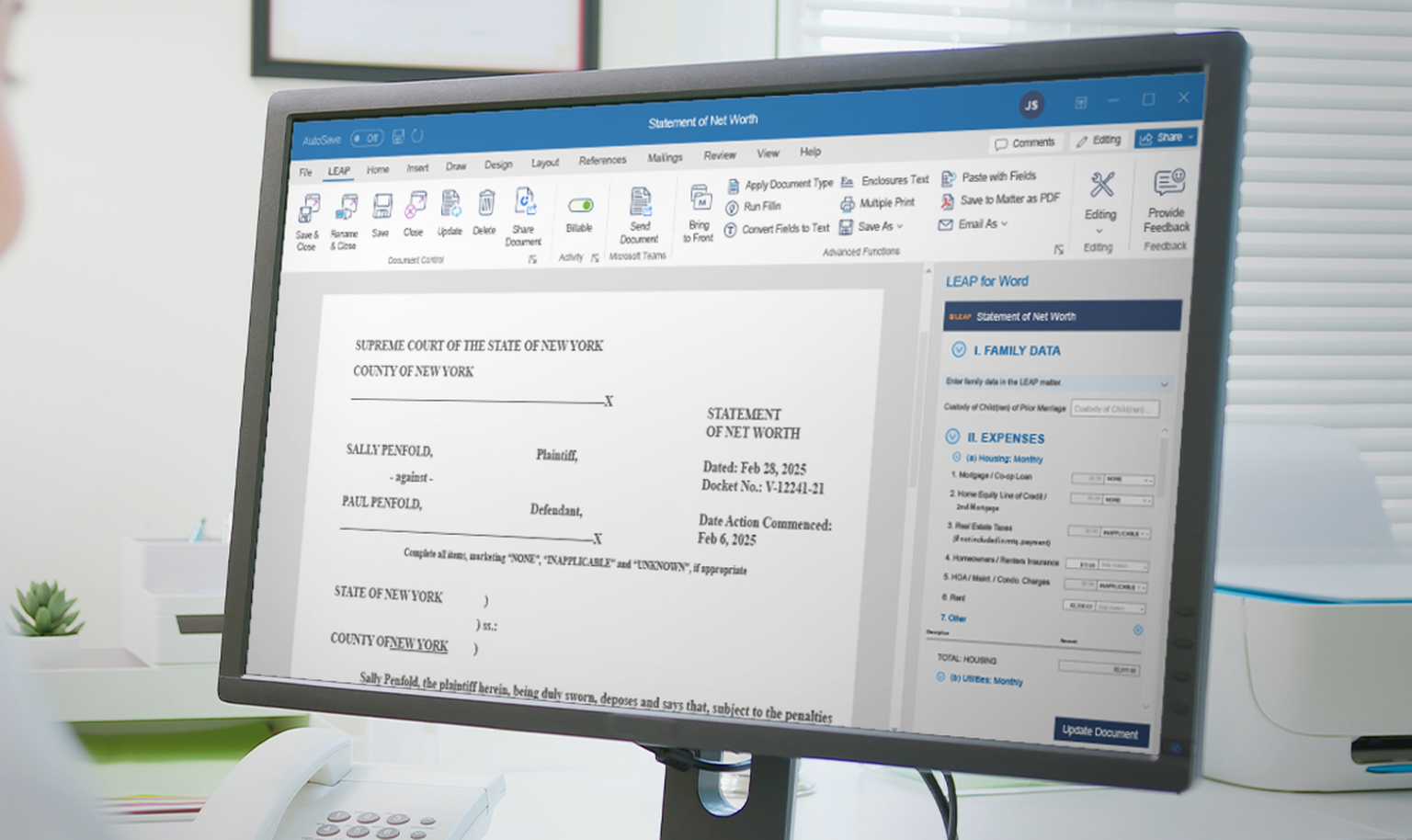 A person views a legal document titled "Statement of Net Worth" on a computer screen with editing tools visible in the toolbar.