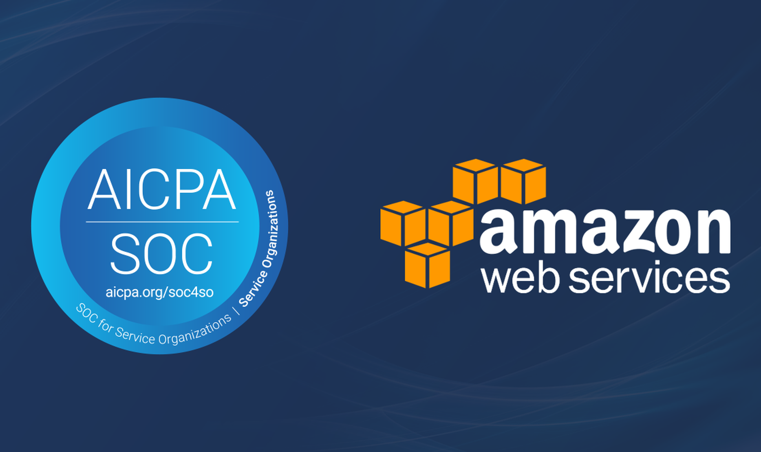 Logos of AICPA SOC and Amazon Web Services on a blue background, symbolizing certification for service organizations.