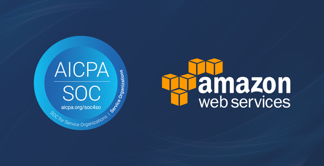 Logos of AICPA SOC and Amazon Web Services on a blue background, symbolizing certification for service organizations.