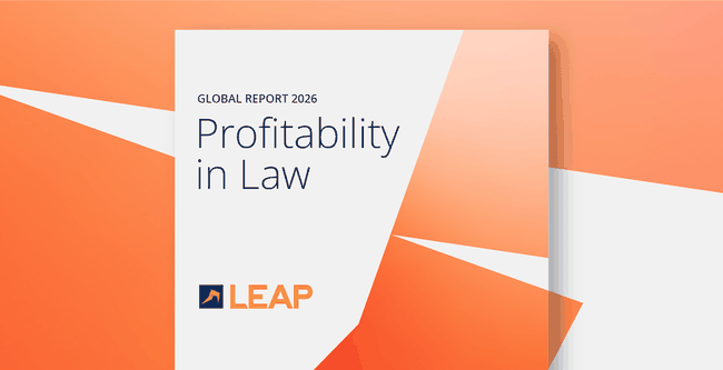 Cover of the "Global Report 2026: Profitability in Law" by LEAP, featuring an abstract orange and white geometric design.
