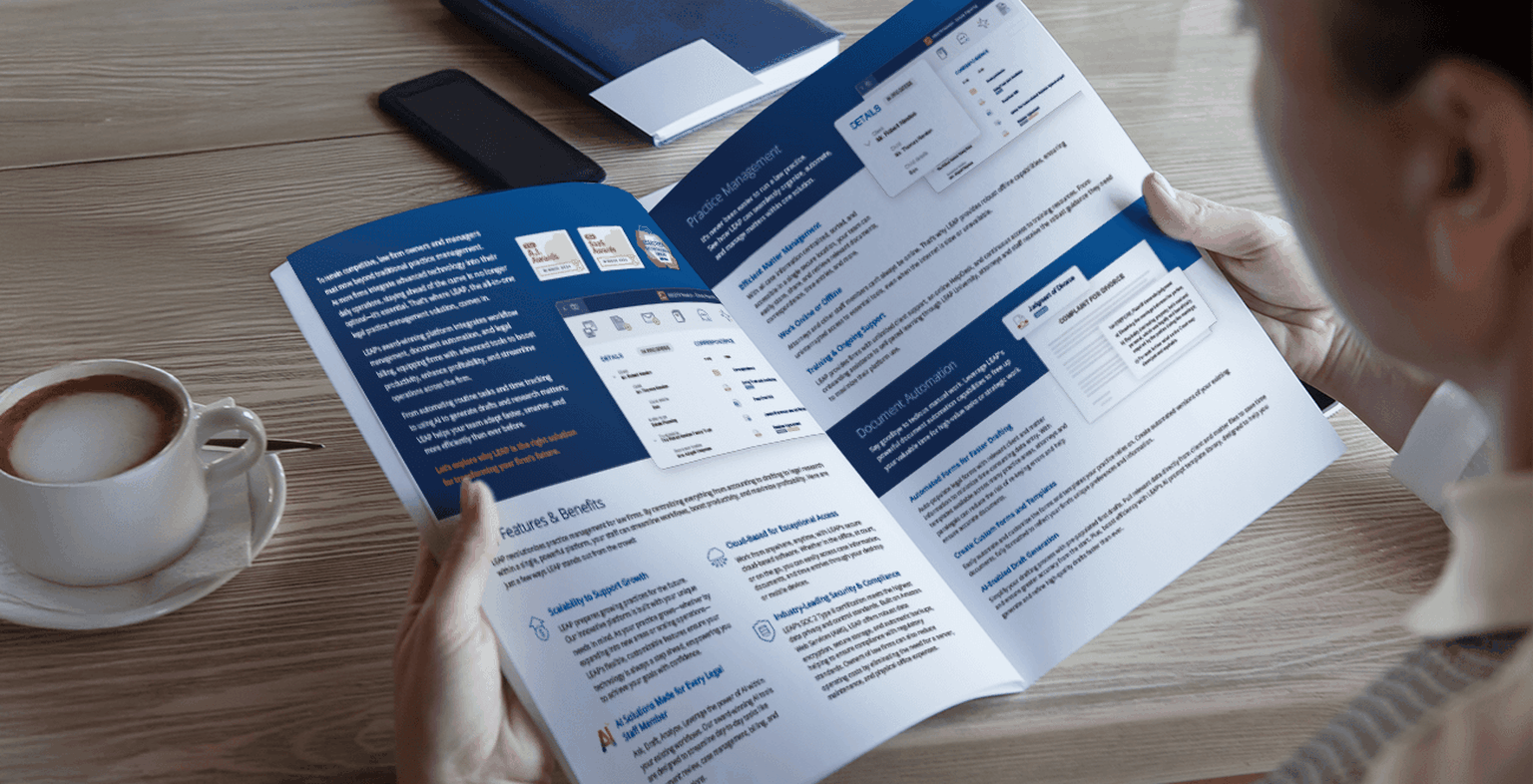 Person reading LEAP's mid to large firm brochure.