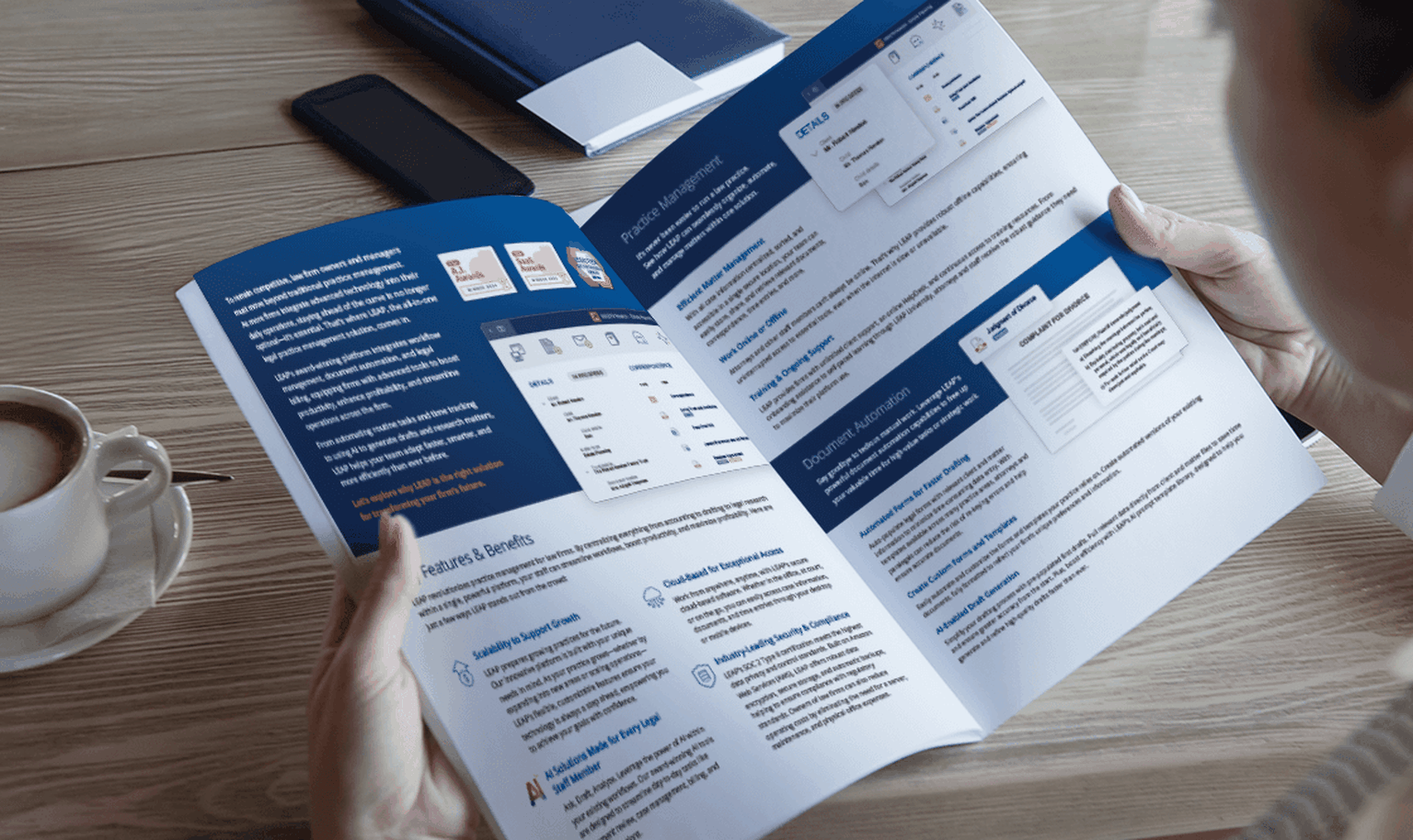 Person reading LEAP's mid to large firm brochure.