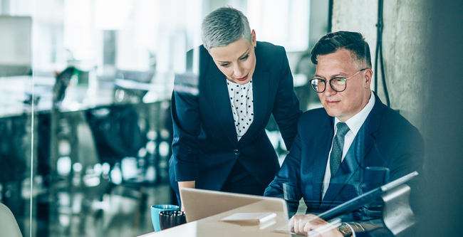 2 lawyers looking at a laptop