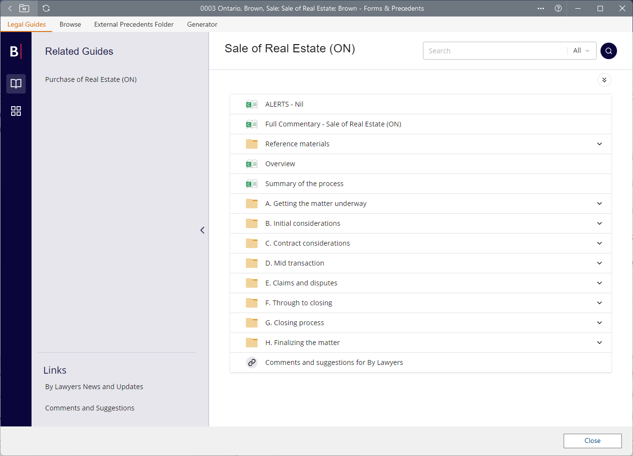 Legal guide interface titled "Sale of Real Estate (ON)" with a list of expandable sections detailing the process.