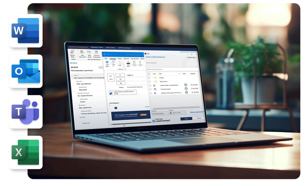 A laptop on a desk displays a software application. Icons of Word, Outlook, Teams, and Excel are visible to the side.
