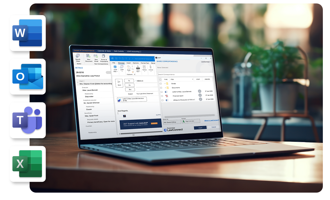 A laptop on a desk displays a software application. Icons of Word, Outlook, Teams, and Excel are visible to the side.