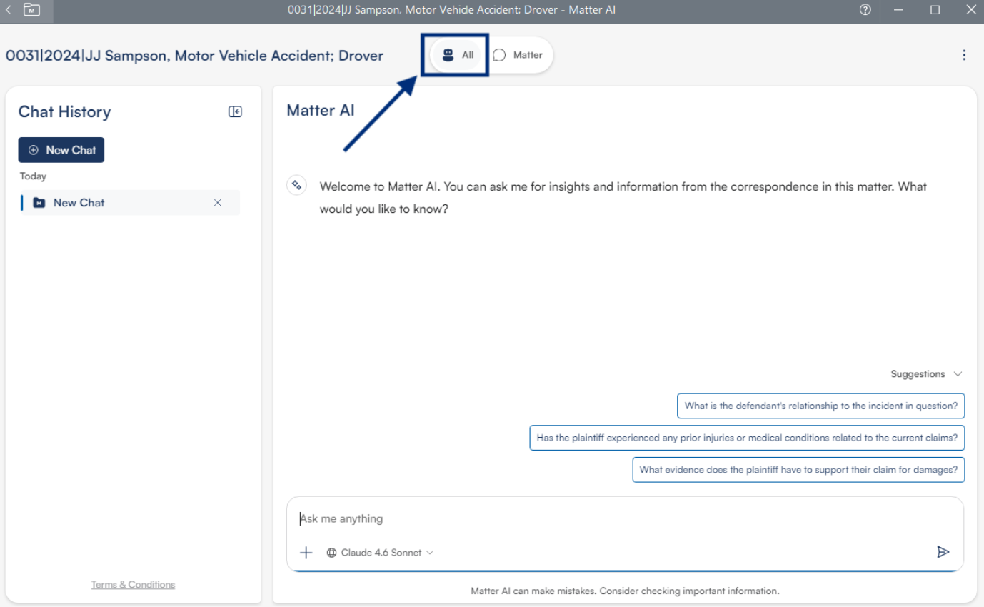 Interface of Matter AI with chat history and suggestions related to a motor vehicle accident case displayed.