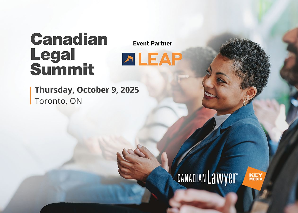 A diverse audience claps at the Canadian Legal Summit 2025 in Toronto. Event details and logos are visible on the left.