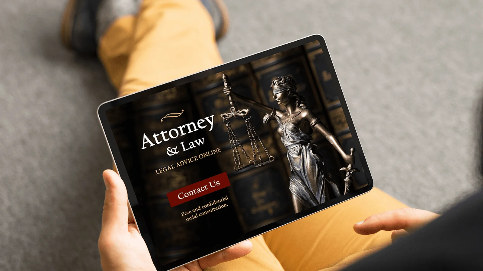 Person holding a tablet displaying a legal website with an image of Lady Justice and options for contacting an attorney.