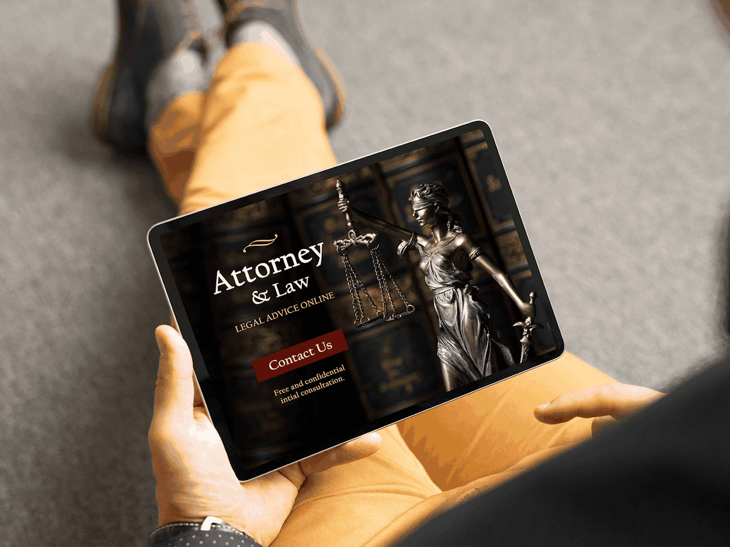 Person holding a tablet displaying a legal website with an image of Lady Justice and options for contacting an attorney.