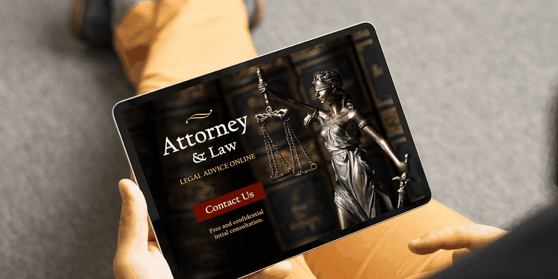 Person holding a tablet displaying a legal website with an image of Lady Justice and options for contacting an attorney.