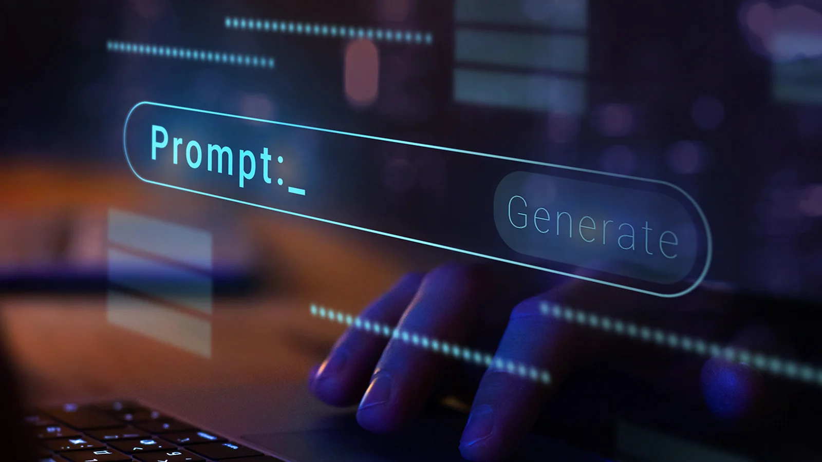 Hand typing on a keyboard with holographic display showing "Prompt:" and "Generate" buttons, in a dark, tech-themed environment.