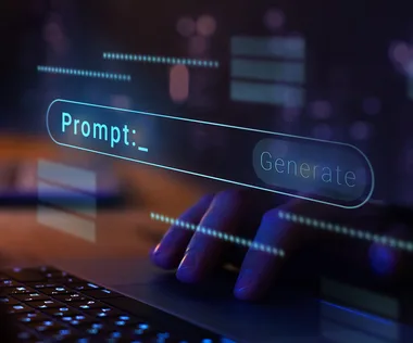 Hand typing on a keyboard with holographic display showing "Prompt:" and "Generate" buttons, in a dark, tech-themed environment.