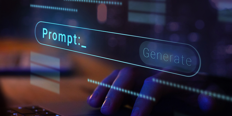Hand typing on a keyboard with holographic display showing "Prompt:" and "Generate" buttons, in a dark, tech-themed environment.