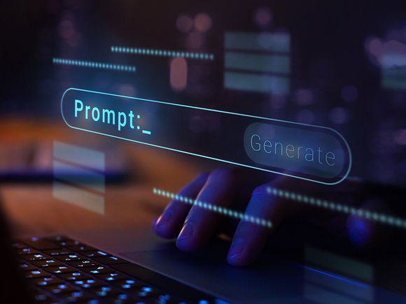 Hand typing on a keyboard with holographic display showing "Prompt:" and "Generate" buttons, in a dark, tech-themed environment.