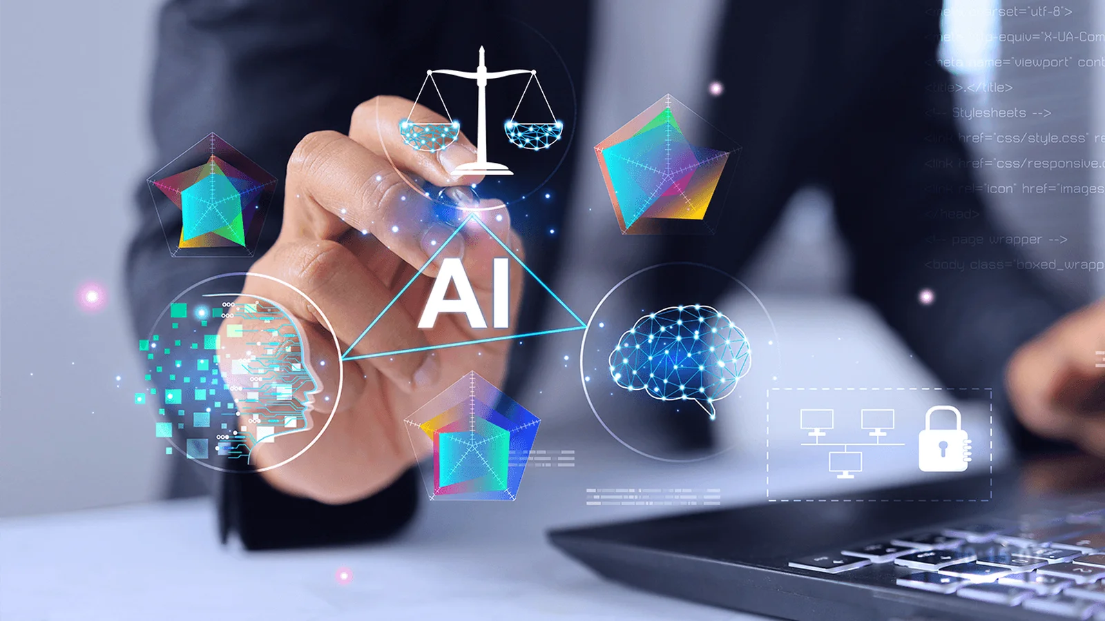 Businessperson's hand pointing at floating AI icons—brain, network, digital head, scales and security symbols above a laptop.