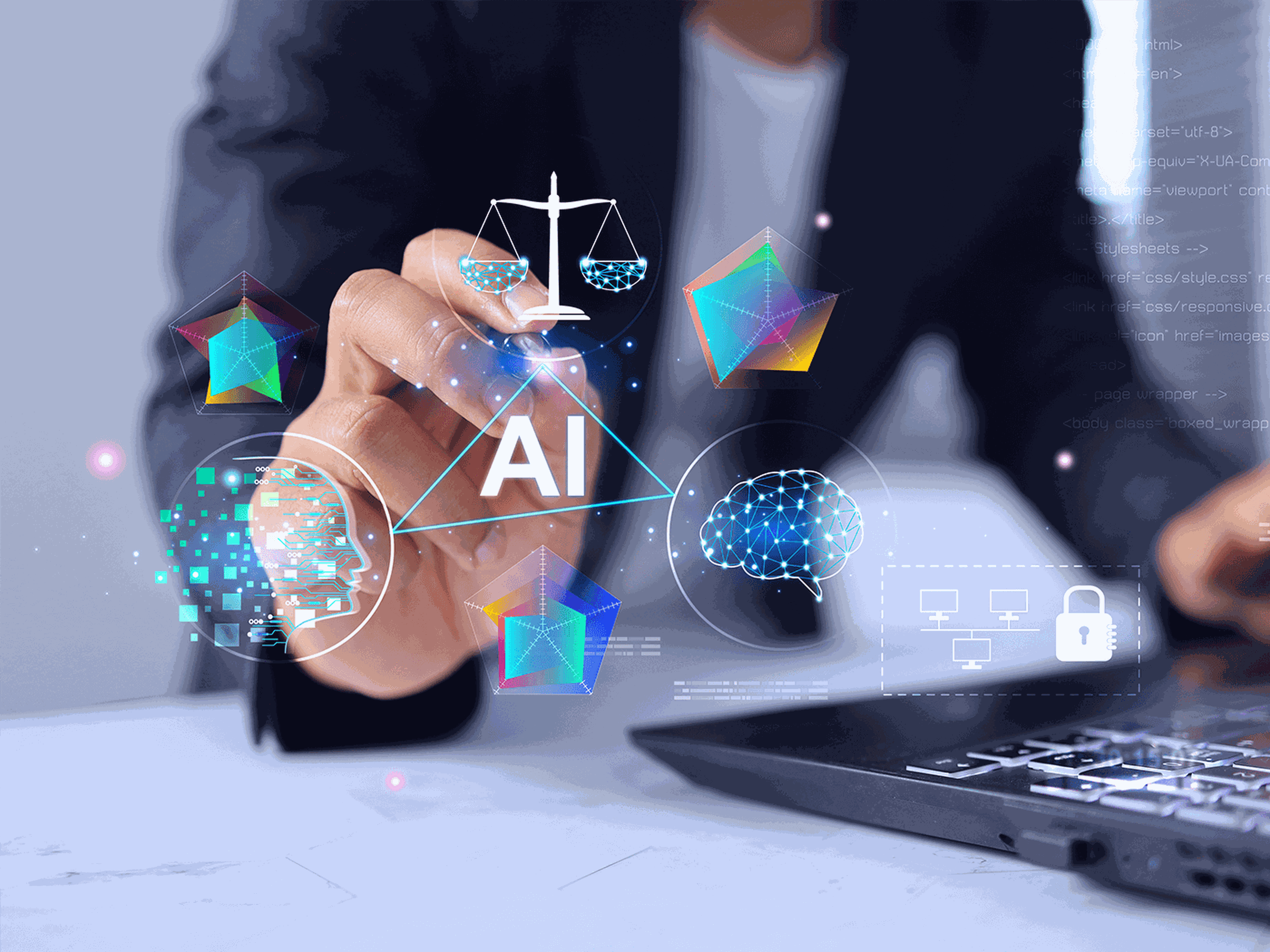 Businessperson's hand pointing at floating AI icons—brain, network, digital head, scales and security symbols above a laptop.