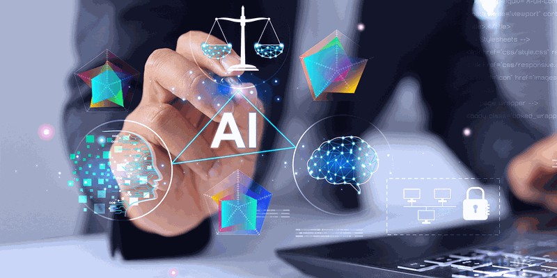 Businessperson's hand pointing at floating AI icons—brain, network, digital head, scales and security symbols above a laptop.
