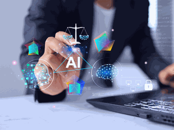 Businessperson's hand pointing at floating AI icons—brain, network, digital head, scales and security symbols above a laptop.