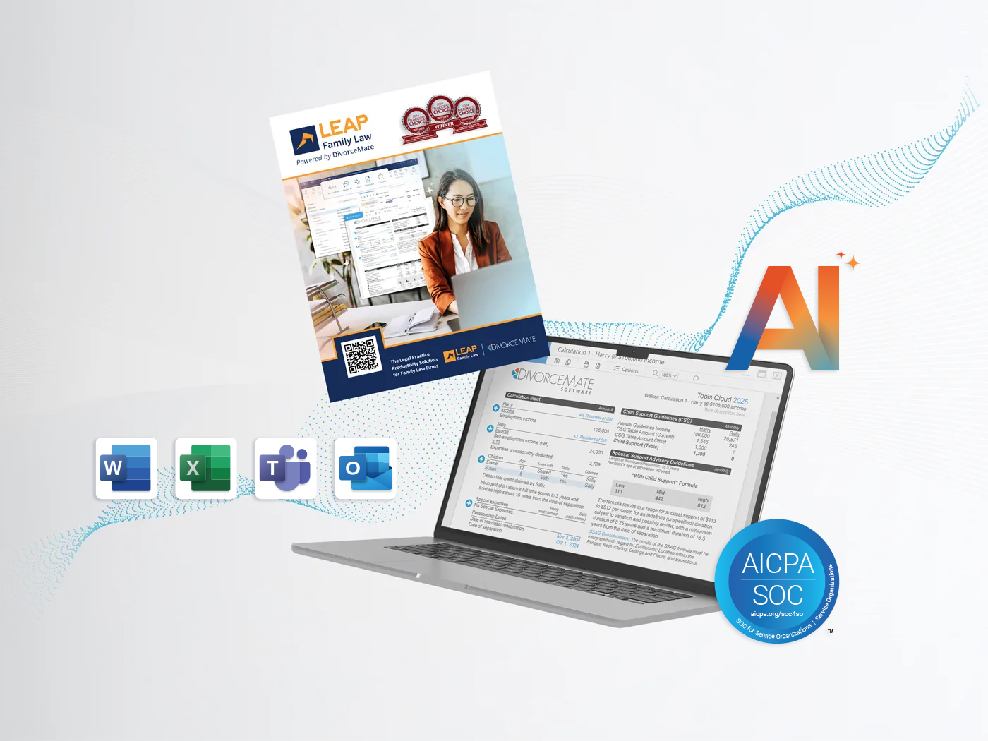 Promotional image for LEAP Family Law software featuring AI integration, a laptop displaying DivorceMate, and various app icons.