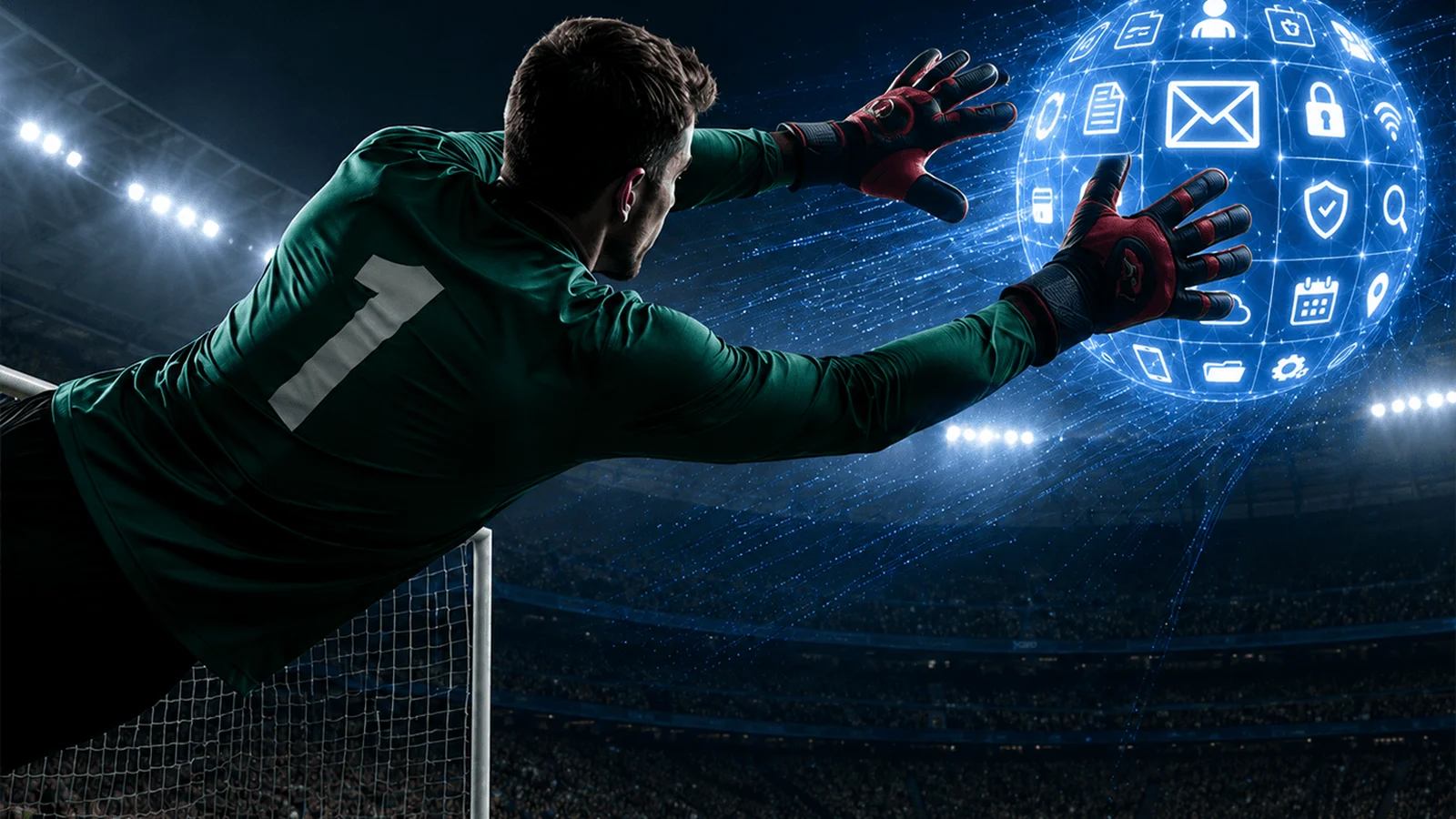 A goalkeeper in a green jersey dives to catch a glowing digital sphere with icons in a stadium at night.