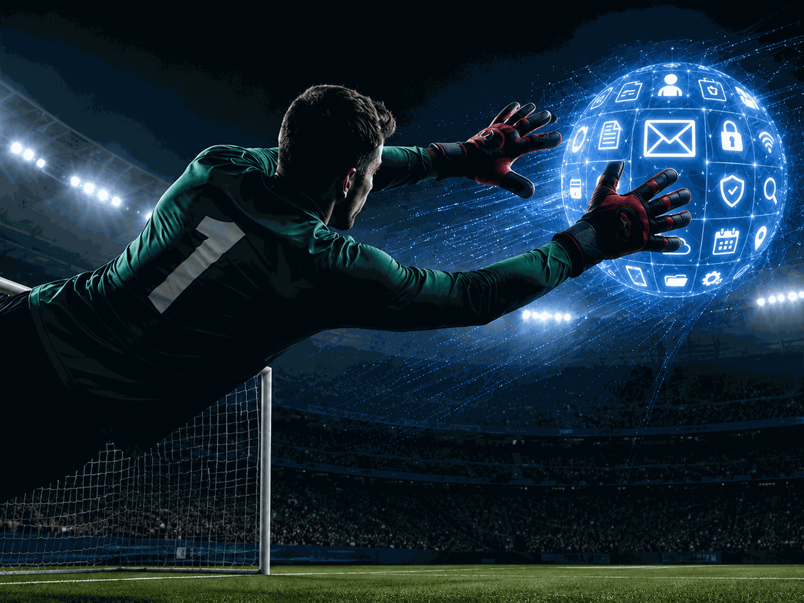 A goalkeeper in a green jersey dives to catch a glowing digital sphere with icons in a stadium at night.
