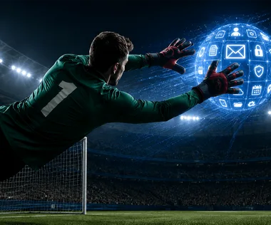 A goalkeeper in a green jersey dives to catch a glowing digital sphere with icons in a stadium at night.