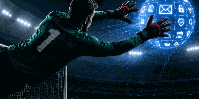 A goalkeeper in a green jersey dives to catch a glowing digital sphere with icons in a stadium at night.