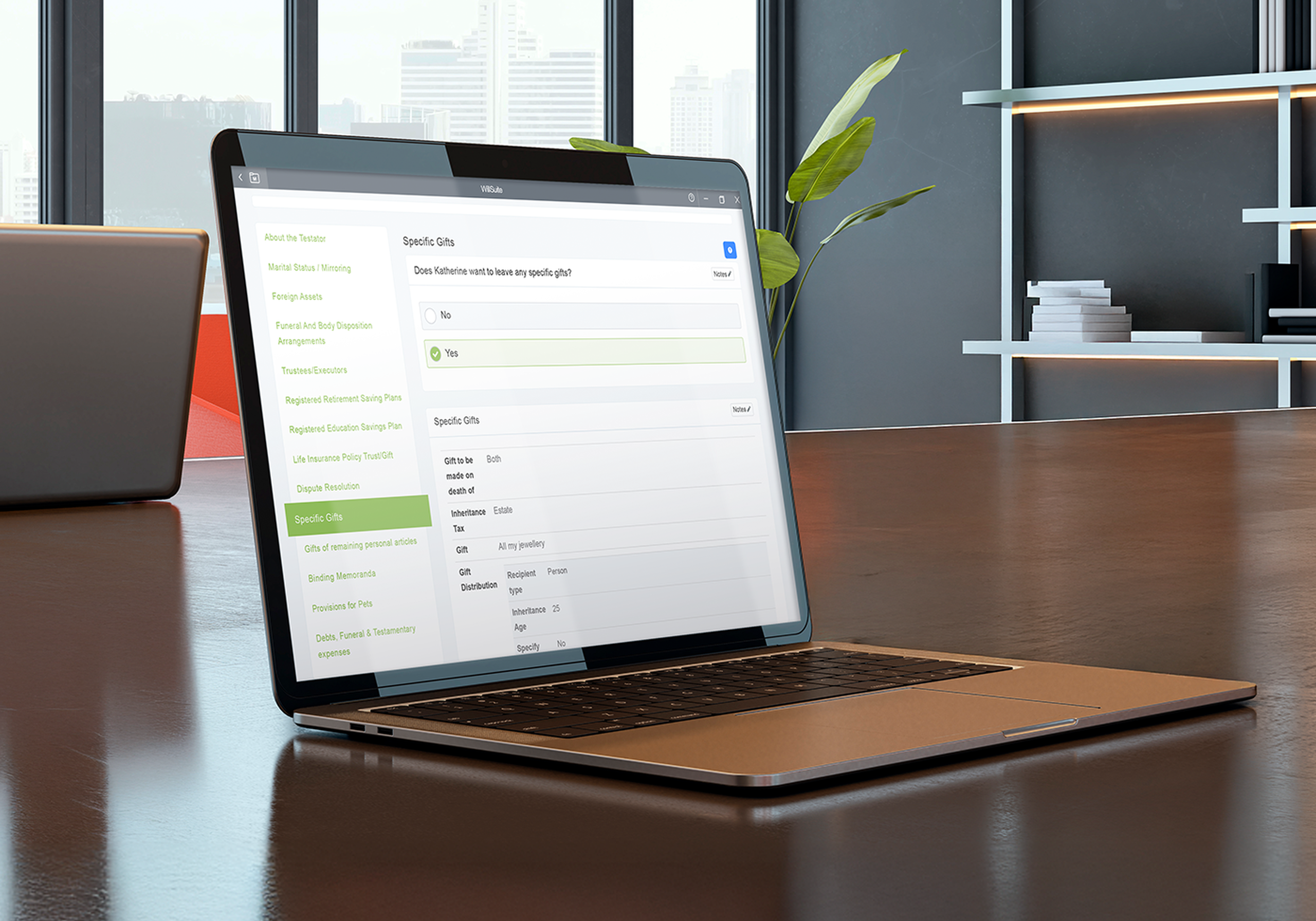 Open laptop on a wooden table displaying a spreadsheet. Background includes a large window with a city view and a black shelf with decor.