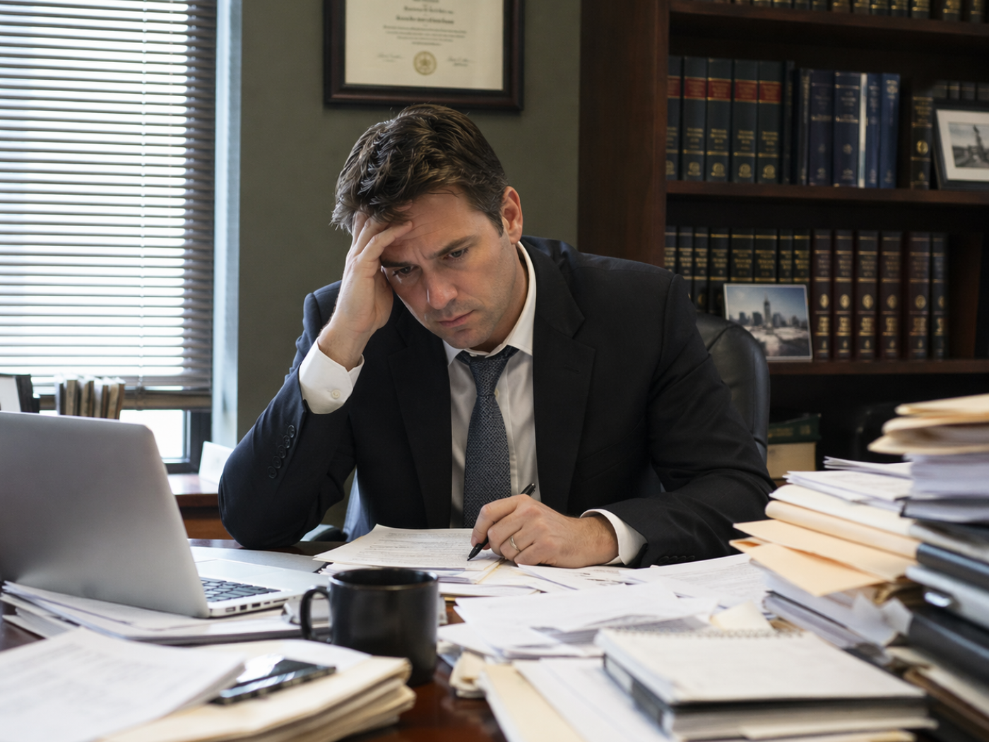 Man in suit, stressed at cluttered desk, holds head while reviewing papers, surrounded by books and documents in office.