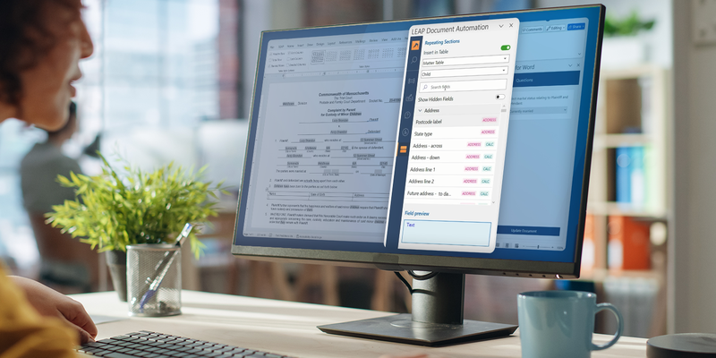 Legal professional using LEAP document automation software to manage law firm documents.