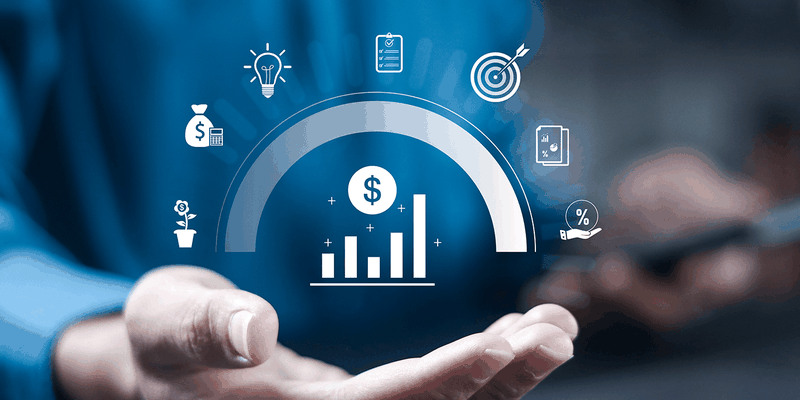 Hand holding holographic financial icons, including bar graph, dollar sign, and light bulb, symbolizing business growth and strategy.
