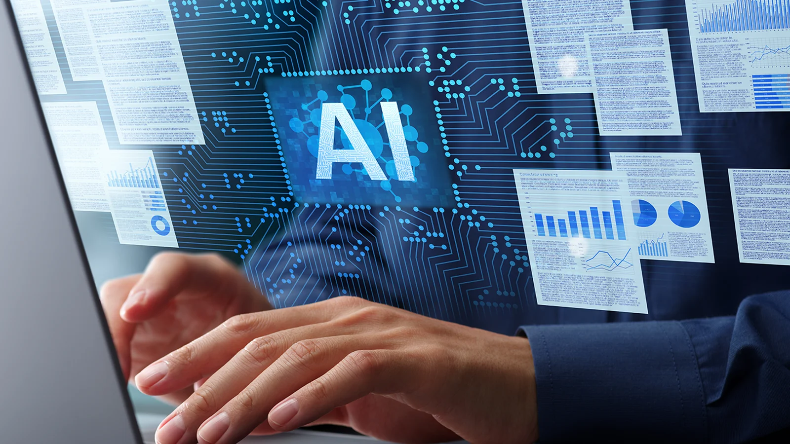 Hands typing on a laptop with floating digital documents and an AI symbol on a circuit background, symbolizing artificial intelligence technology.