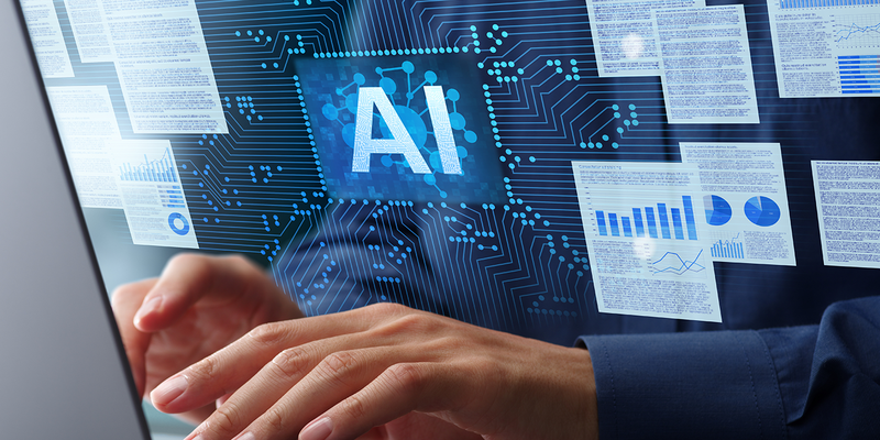Hands typing on a laptop with floating digital documents and an AI symbol on a circuit background, symbolizing artificial intelligence technology.