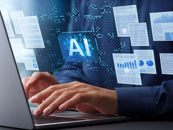 Hands typing on a laptop with floating digital documents and an AI symbol on a circuit background, symbolizing artificial intelligence technology.
