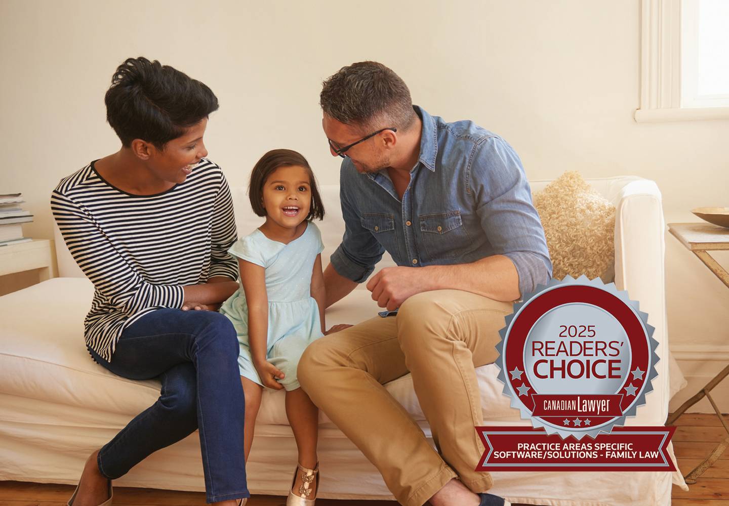 A family sits on a couch smiling, with a "2025 Readers' Choice" award badge for practice areas in family law displayed in the foreground.