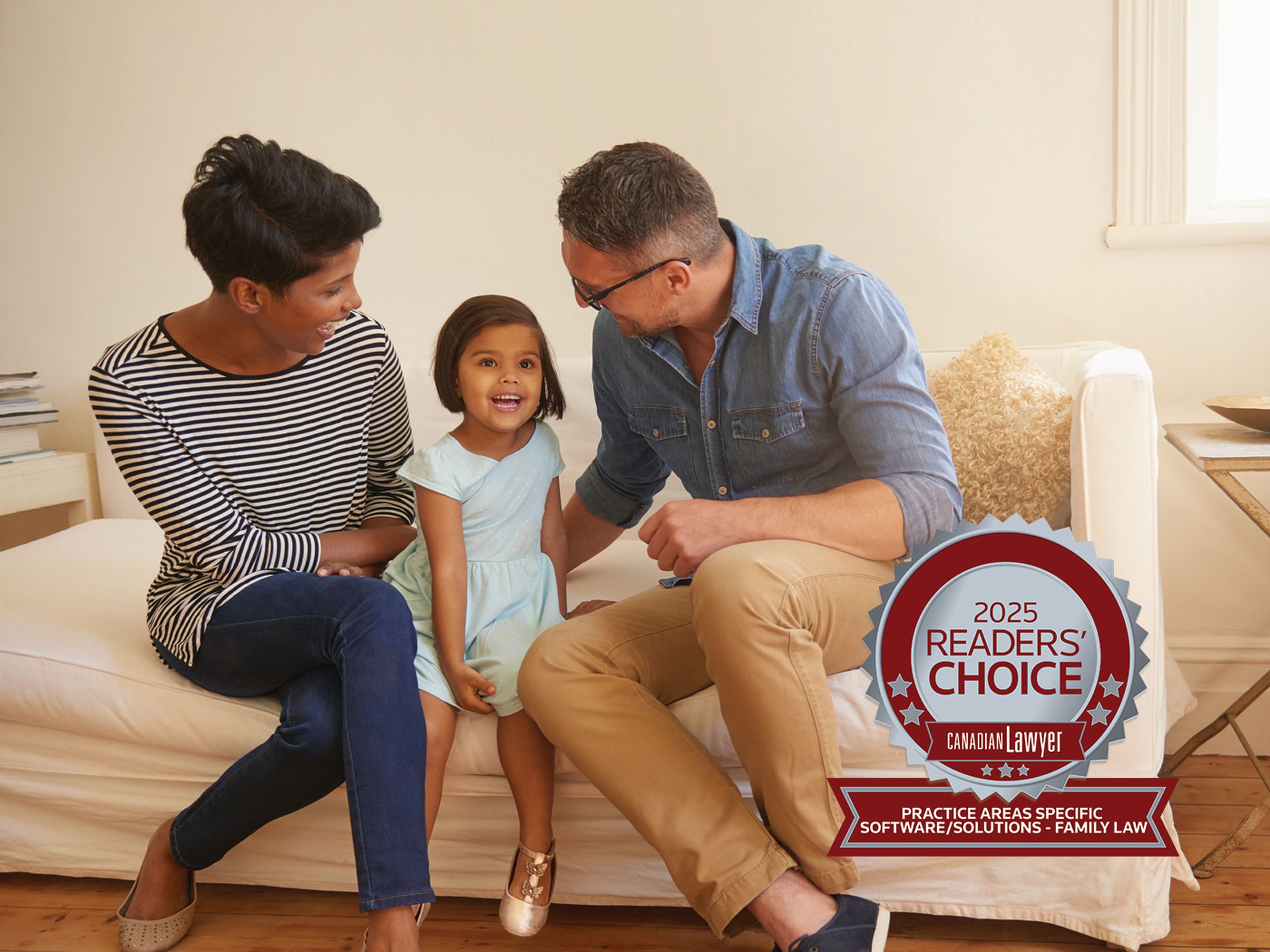 A family sits on a couch smiling, with a "2025 Readers' Choice" award badge for practice areas in family law displayed in the foreground.