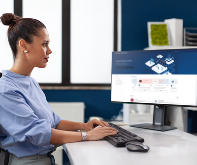 a person sitting at a desk using a computer