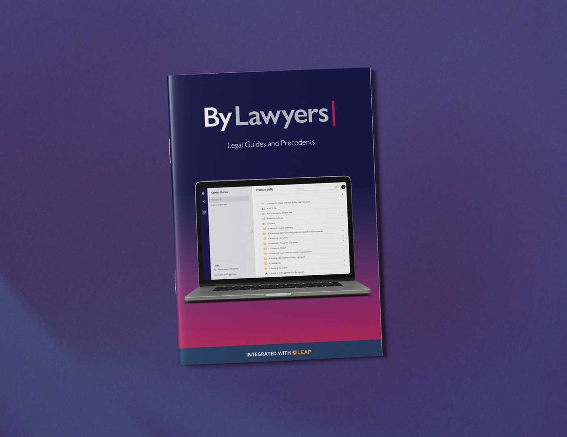 A brochure titled "By Lawyers: Legal Guides and Precedents" featuring a laptop screen, on a purple gradient background.