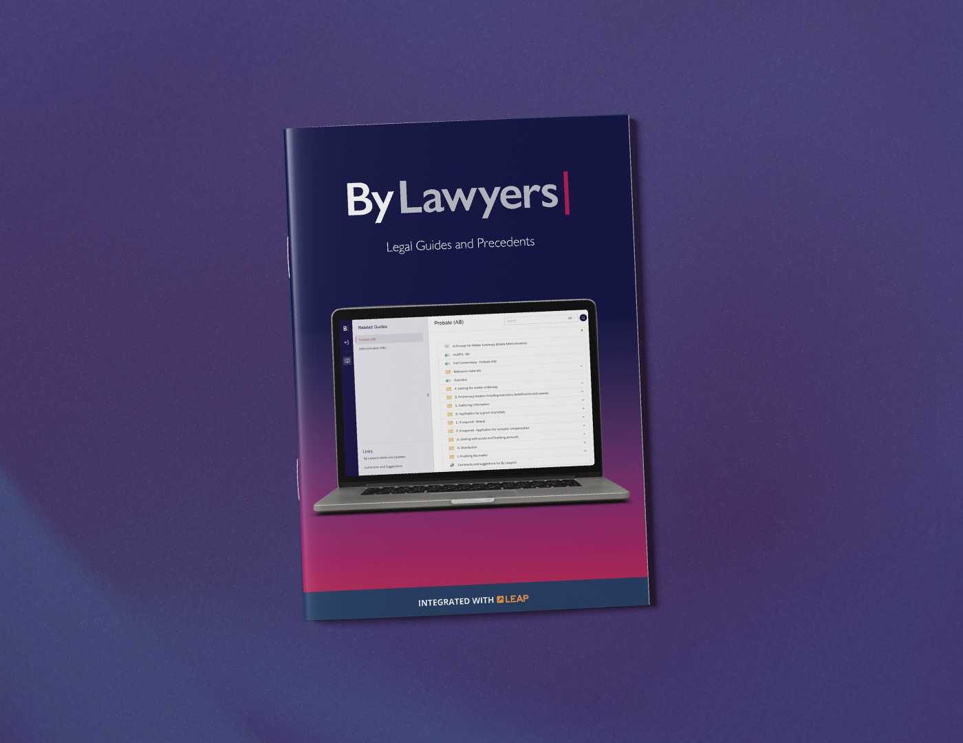 A brochure titled "By Lawyers: Legal Guides and Precedents" featuring a laptop screen, on a purple gradient background.