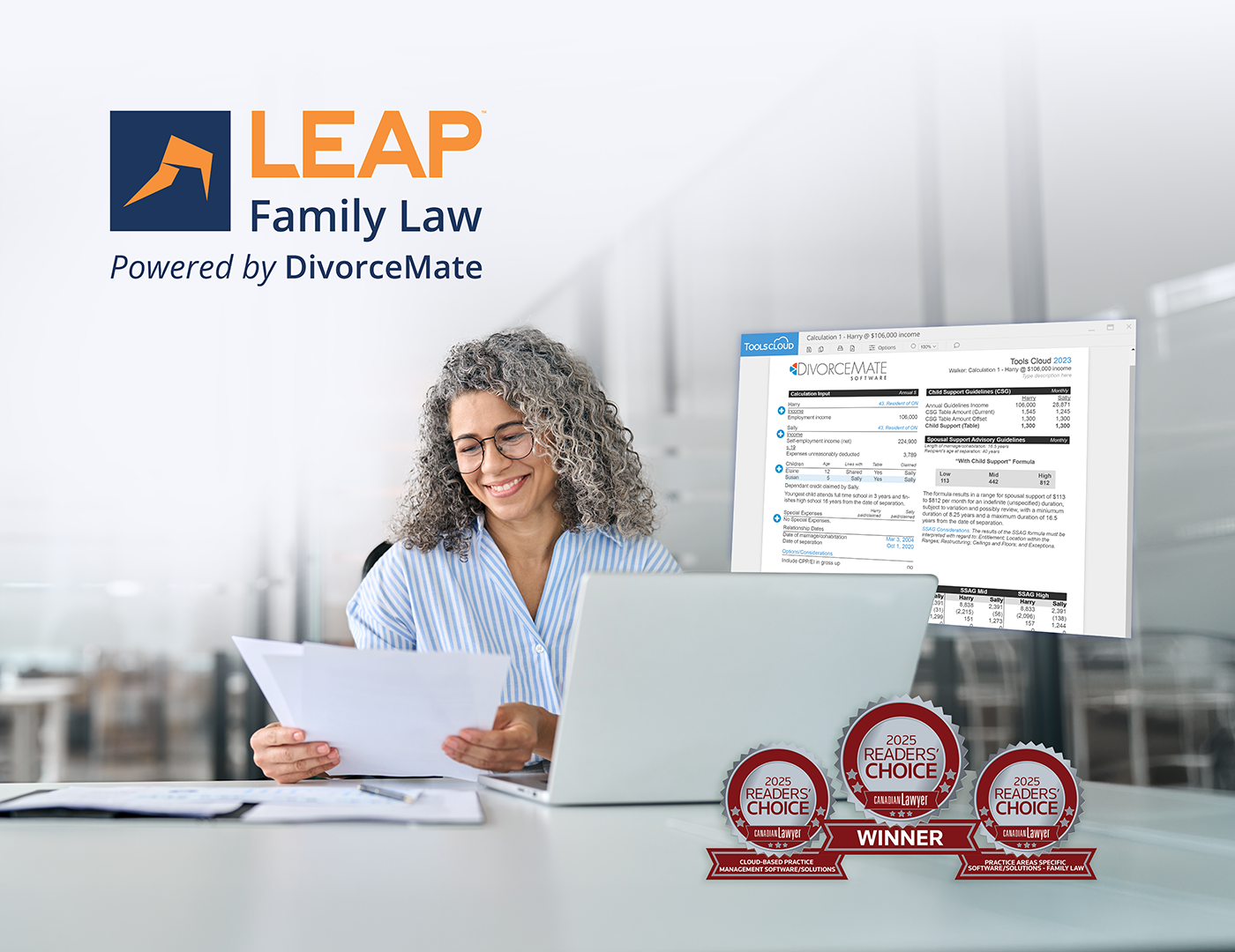 Woman smiling while reviewing documents on a laptop. "LEAP Family Law" and award badges are visible in the background.