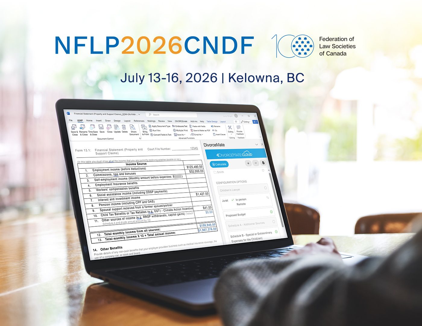 Laptop displaying a financial statement using DivorceMate software. Text above reads "NFLP2026CNDF, July 13-16, 2026, Kelowna, BC."