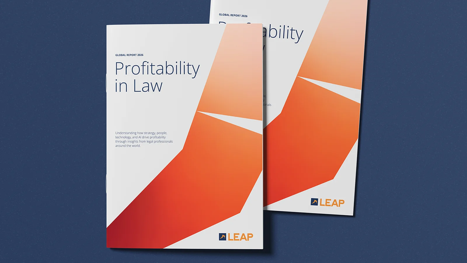 Two "Profitability in Law" reports with orange geometric covers, titled "LEAP," on a blue background with "News Release" text below.