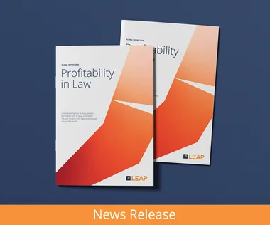Two "Profitability in Law" reports with orange geometric covers, titled "LEAP," on a blue background with "News Release" text below.