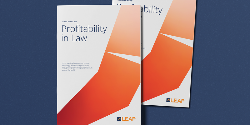 Two "Profitability in Law" reports with orange geometric covers, titled "LEAP," on a blue background with "News Release" text below.