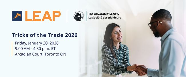 A woman and a man shaking hands at a business event. Text details the "Tricks of the Trade 2026" event in Toronto on January 30, 2026.