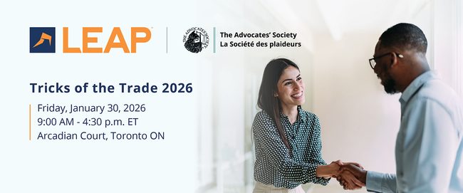 A woman and a man shaking hands at a business event. Text details the "Tricks of the Trade 2026" event in Toronto on January 30, 2026.