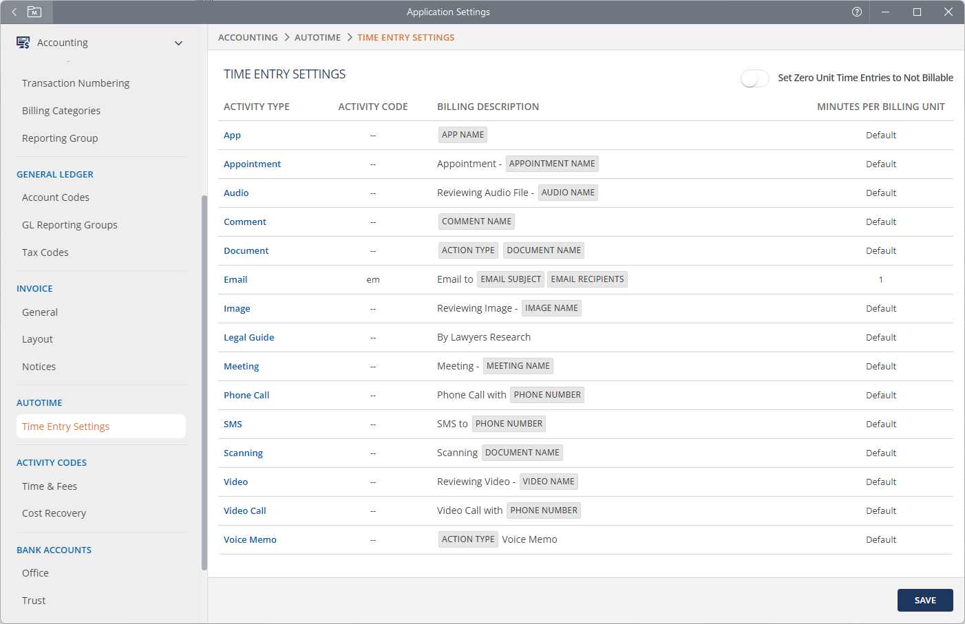 Application settings interface showing time entry settings with various activity types like appointment, audio, comment, and more, alongside billing descriptions.